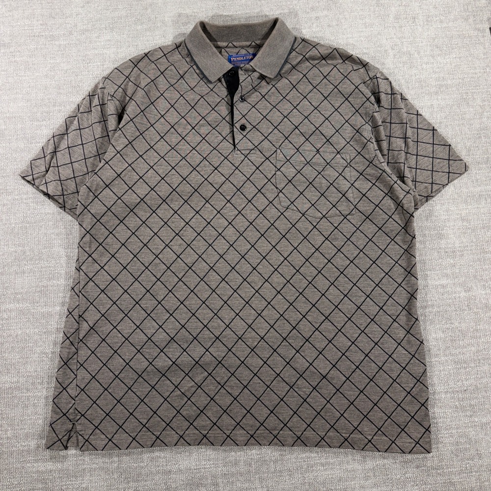 Pendleton Polo Shirt Mens L Gray Black Diamond Grid Mercerized Cotton Excellent